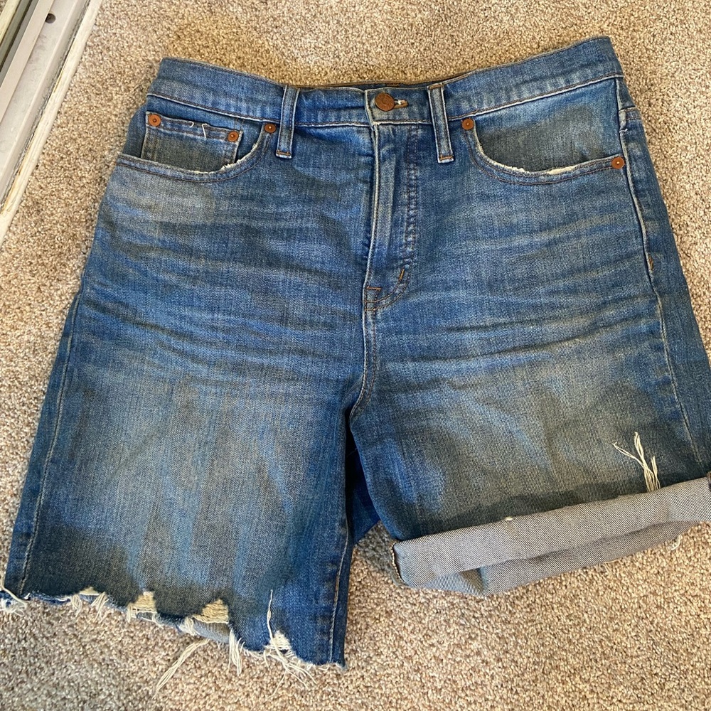 High waisted, mid-length Madewell denim shorts